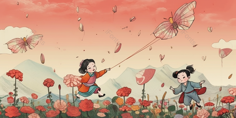 儿童户外开心的放风筝背景,插画/手绘图,插画/手绘图库,插画/手绘图下载,插画/手绘